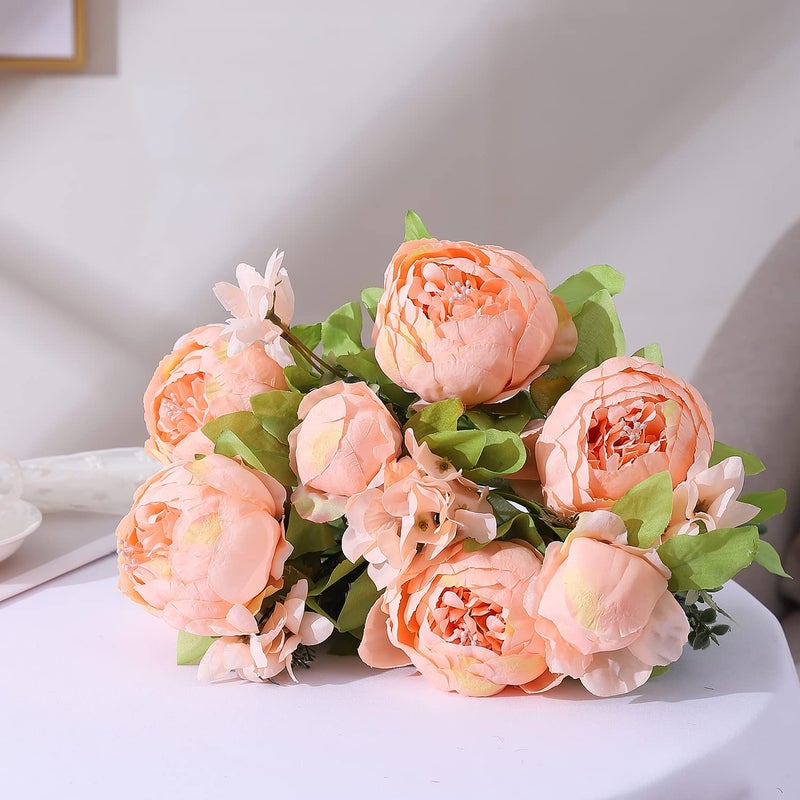 Duovlo باقة Duovlo Springs Flowers من الحرير الاصطناعي الفاوانيا لتزيين المنزل والزفاف حزمة من 1 (برتقالي-وردي ربيعي) - Image 4